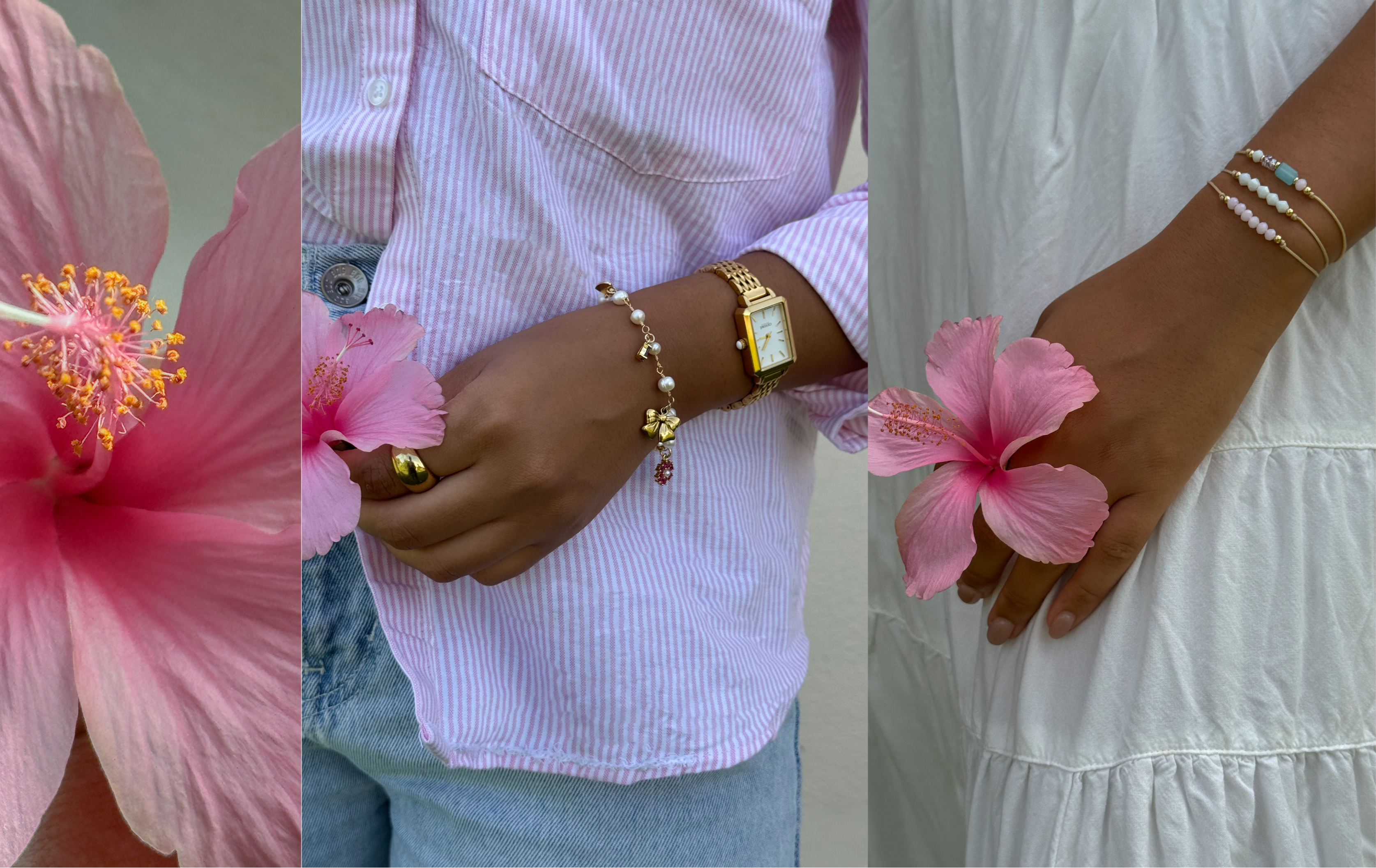 Close-up of a pink flower with a person holding another pink flower, wearing jewelry.